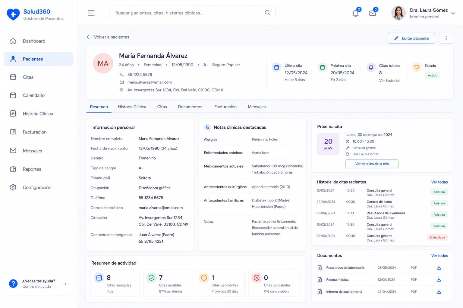 Expediente clínico del paciente con datos personales, notas clínicas, próxima cita y documentos