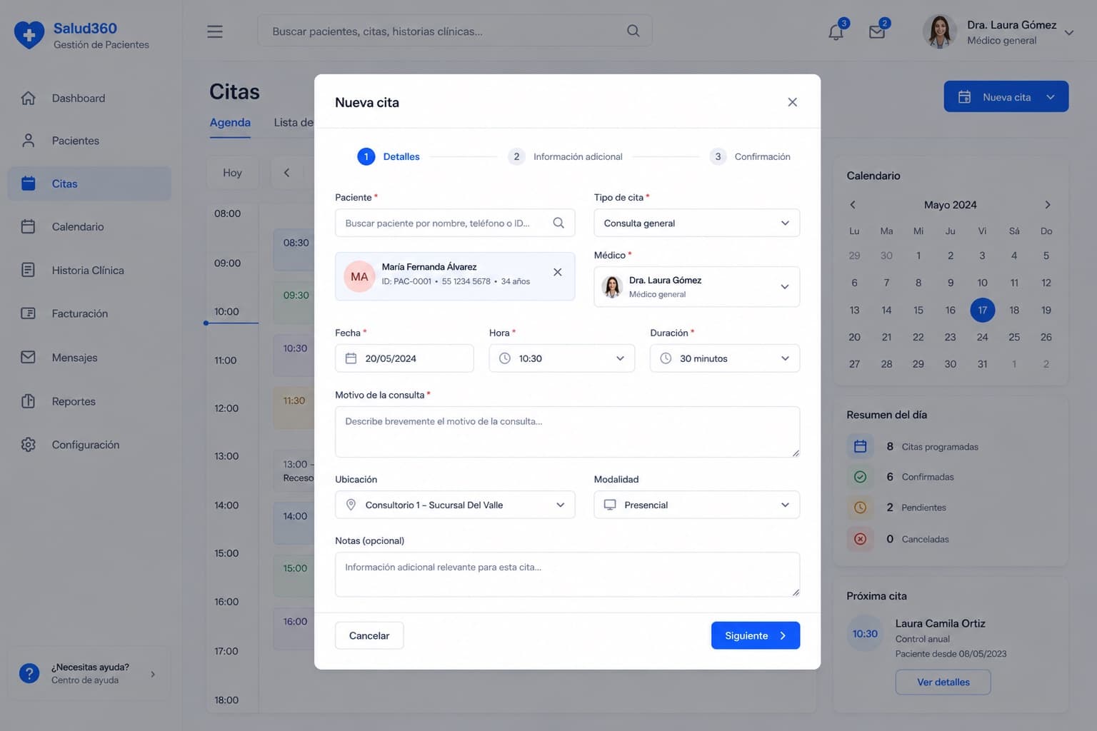 Modal de tres pasos para agendar una nueva cita con búsqueda de paciente y validación de disponibilidad