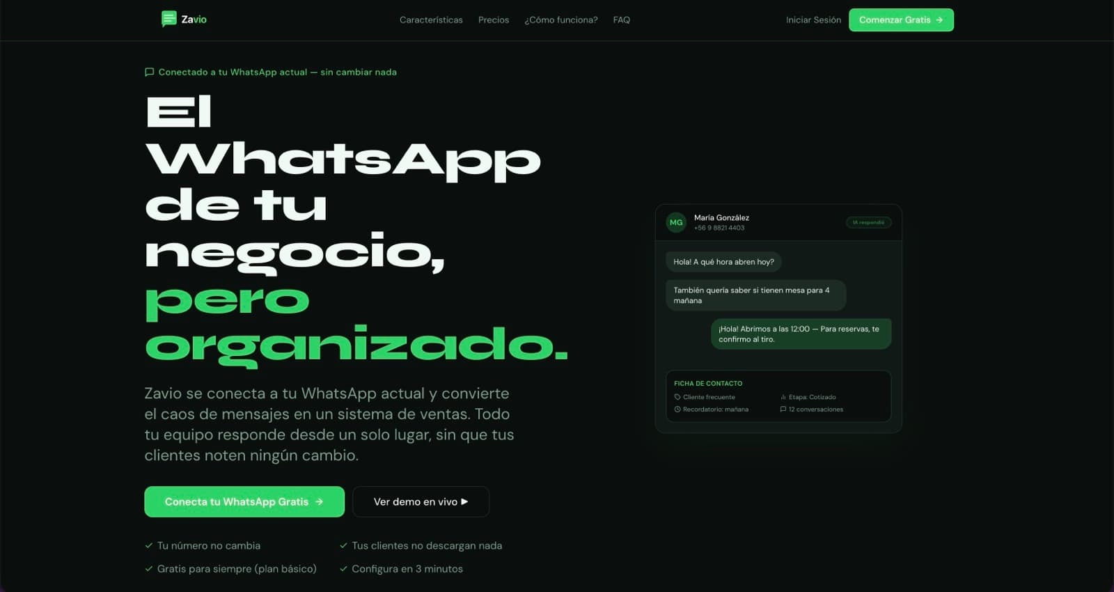 Página pública de Zavio con la frase 'El WhatsApp de tu negocio, pero organizado' y mockup de conversación al lado