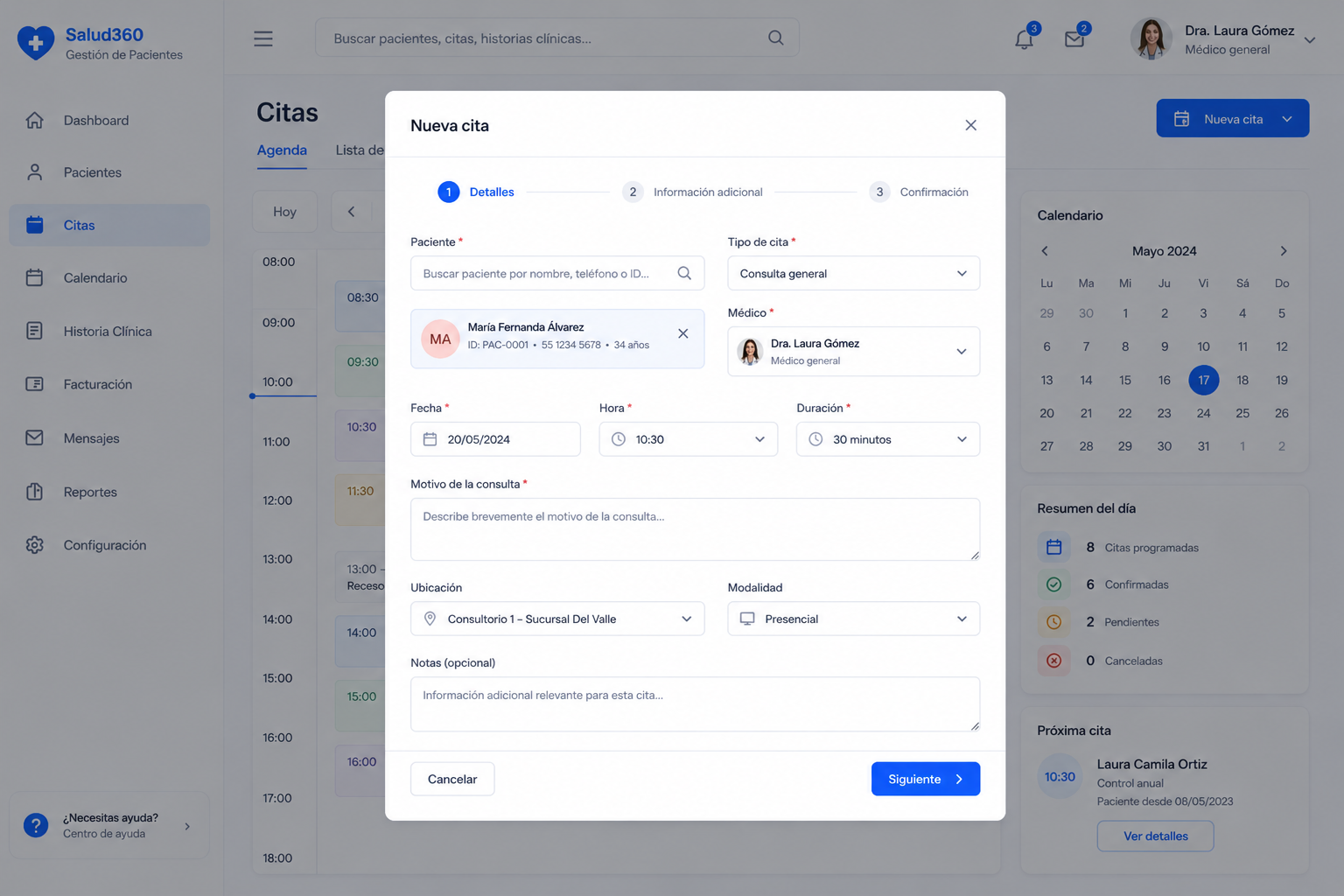 Modal de tres pasos para agendar una nueva cita con búsqueda de paciente y validación de disponibilidad